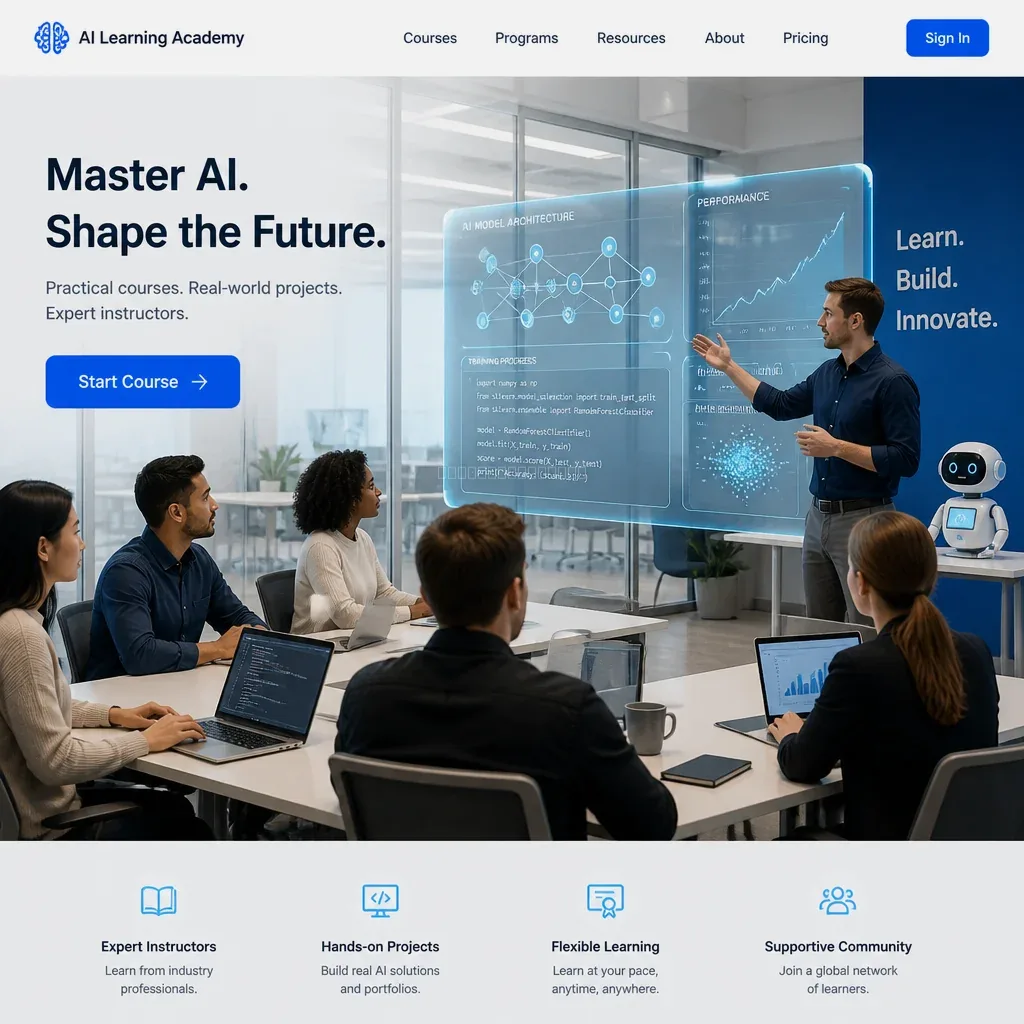 Instructor and participants reviewing an AI project